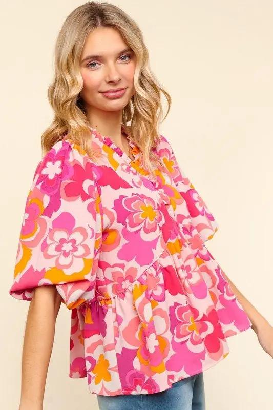 Haptics Full Size Frill Floral Puff Sleeve Blouse Women - Love Salve